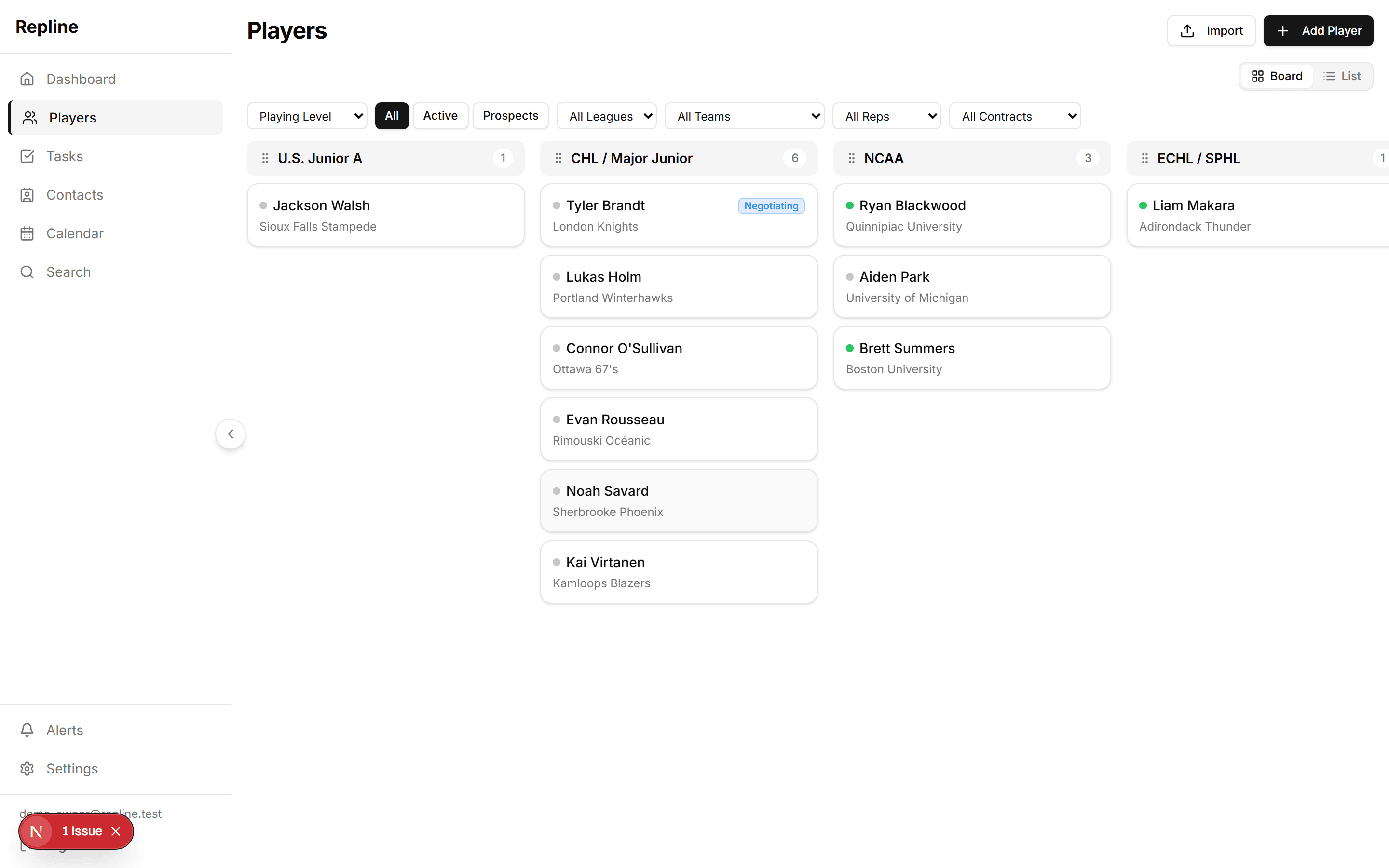 Hockey agent player pipeline board with columns for U.S. Junior A, CHL Major Junior, NCAA, and ECHL — showing players organized by playing level